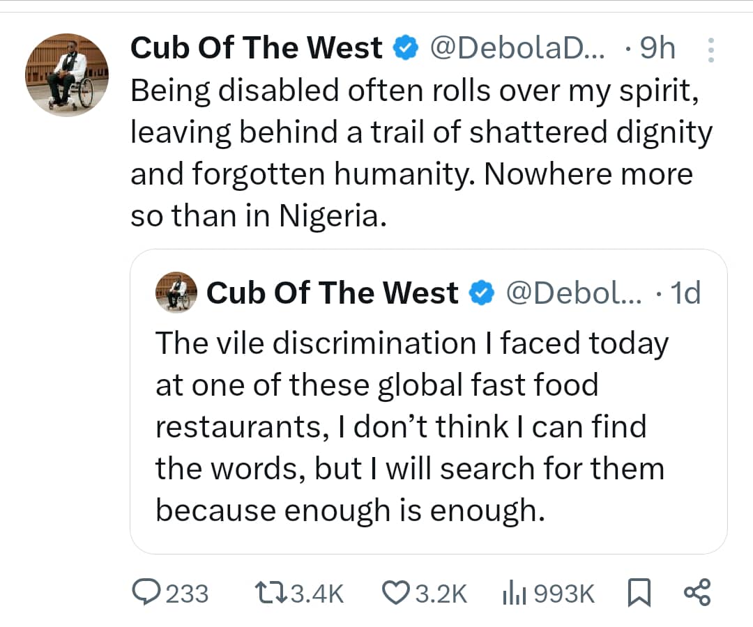 Debola Daniel Fights Discrimination As KFC Denies Him Access Due to Wheelchair